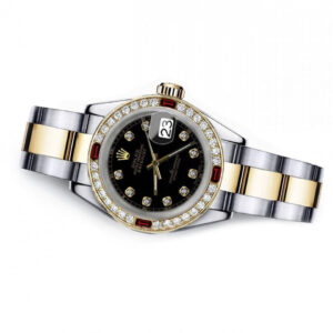 Rolex Ladies Black 31mm Rolex Datejust Two Tone Diamonds + Ruby Bezel