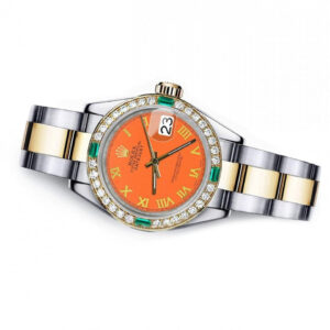 Rolex Orange Roman 36mm Datejust Two Tone Diamond + Emerald Bezel