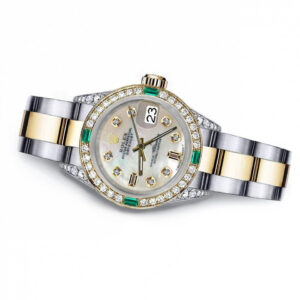 Rolex Ivory Pearl Baguette 31 Datejust Two Tone Diamond lugs & Emeralds