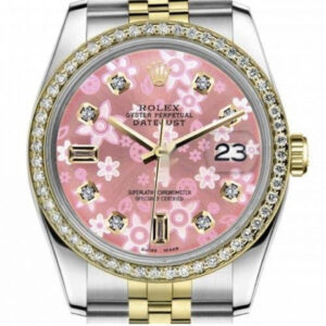 Rolex Women’s Rolex 31mm Datejust Vintage Diamond Bezel Two Tone Glossy Pink Flower Dial with 8 + 2 Diamond Accent