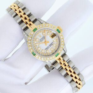 Rolex Lady DateJust 26 MOP Diamond Emerald Dial Steel and 18k Gold Diamond Bezel Watch