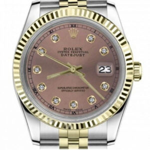 Rolex 36mm Datejust Salmon Dial with Round Diamond Markers Gold Fluted Bezel Jubilee Band