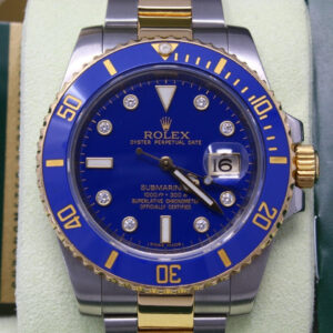 Rolex Submariner Date Two Tone Ceramic Blue Bezel Original Diamond Dial Box and Papers