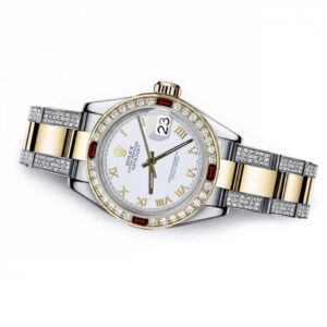 Rolex Pearl White Roman 26mm Datejust Two Tone Side Diamonds + Rubies