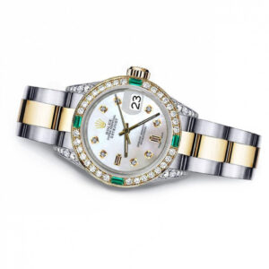 Rolex White Pearl Baguette 31 Datejust Two Tone Diamond lugs & Emeralds