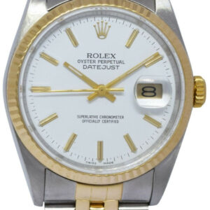 Rolex Datejust 18k Yellow Gold/Steel White Index Dial Mens 36mm Watch L 16233