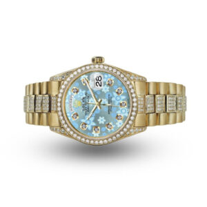 Rolex Presidential 36mm Diamond Glossy Ice Blue Flower with Diamond Accent Dial Diamond 18KT Yellow Gold Watch