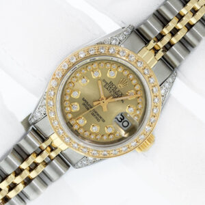 Rolex Lady DateJust 26 Champagne Diamond Watch Steel and 18k Gold Diamond Bezel