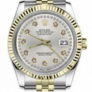 Rolex Oyster Perpetual Datejust Silver Diamond Dial Fluted Bezel Two Tone 36mm Watch