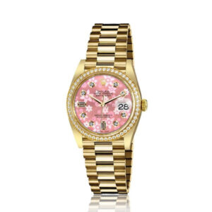 Rolex 31mm Presidential 18kt Gold Glossy Pink Flower Dial with 8 + 2 Diamond Accent Diamond Bezel 68276