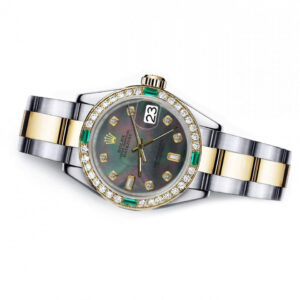 Rolex Black Pearl Baguette 31mm Datejust Two Tone Diamond + Emerald Bezel