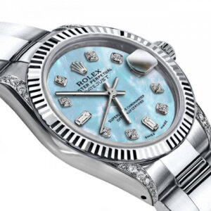 Rolex Blue Pearl Baguette 31mm Datejust SS & 18K Gold Bezel w Diamond Shoulders