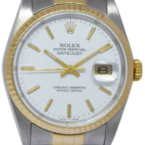 Rolex Datejust 18k Yellow Gold/Steel White Index Dial Mens 36mm Watch L 16233