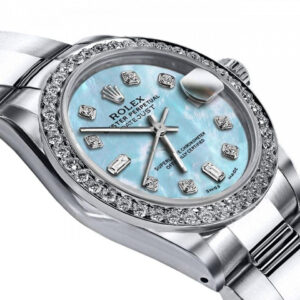 Rolex Blue Pearl Baguette 26mm Datejust Stainless Steel Oyster Bracelet & Diamond Bezel