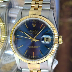 Rolex Mens Datejust Two-tone 16233 Factory Blue Index Dial Fluted 36mm Watch