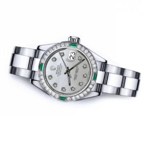 Rolex White Pearl 31mm Datejust SS Diamond & Emerald Bezel