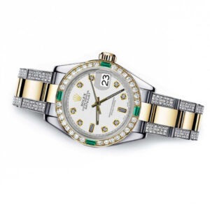 Rolex Ladies Rolex Ivory Baguette Track 26mm Datejust Two Tone Side Diamonds + Emerald