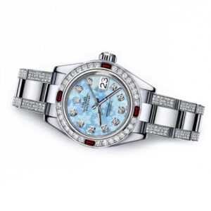 Rolex Ladies Rolex Datejust Side Diamond bracelet 26mm SS Glossy Ice Blue Flower Dial with Diamond Accent