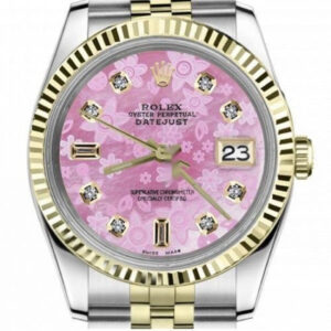 Rolex Women’s Vintage Rolex 31mm Datejust Two Tone Pink Flower MOP Mother of Pearl Dial with Baguette Diamond