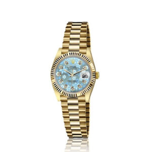 Rolex 26mm Datejust 18kt Gold Glossy Ice Blue Flower Dial with Diamond Accent Flutted Bezel 6917