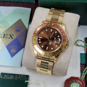 Rolex 18k Solid Yellow Gold RootBeer No Holes Case GMT-Master II Root Beer Brown Dial Bezel Box Paper Unpolished