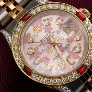 Rolex Ladies Rolex 26mm Datejust Two Tone Jubilee Glossy Pink Flower Dial 8 + 2 Diamond Accent Bezel + Lugs + Rubies 69173