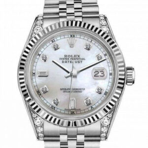 Rolex 36mm Datejust Classic White Mother Of Pearl Dial with Round & Baguette Diamond Numbers