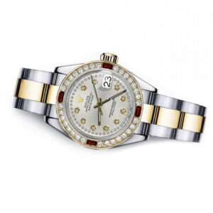 Rolex Silver String 36mm Datejust Two Tone Diamonds + Ruby Bezel