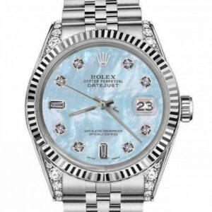 Rolex Ladies 26mm Rolex Datejust SS Baby Blue MOP Mother Of Pearl Baguette Dial Classic + Lugs Wrist Watch