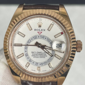 Rolex Sky-Dweller Rose Gold Leather Strap White Dial 326135