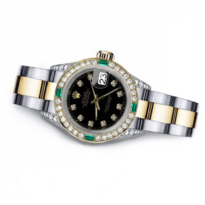 Rolex Ladies Black 31mm Rolex Datejust Two Tone Diamond lugs + Emeralds