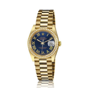 Rolex 31mm Presidential 18kt Gold Navy Blue Roman Numeral Dial Diamond Bezel 68276