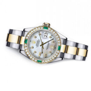 Rolex Pearl Baguette Track 36mm Datejust Two Tone Diamond + Emerald Bezel